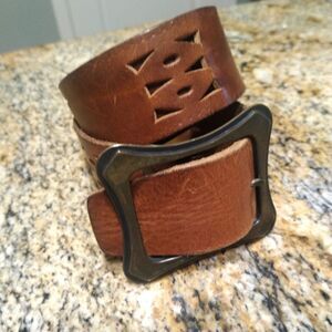 Vintage Women's 42.5" Brown Handmade Pierced Leather Wide Belt with Brass Buckle